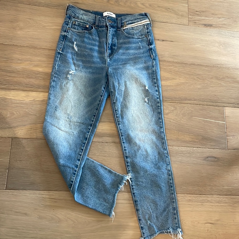 Pistols high rise slightly distressed straight legs jeans with zipper detail